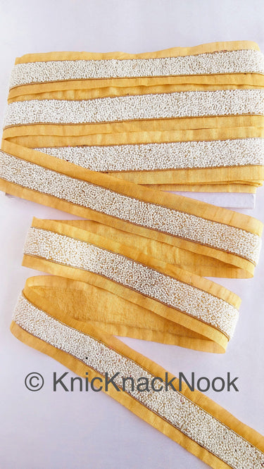 Beige Fabric Trim With White Seed Beads Embellishments, Beaded Trim,